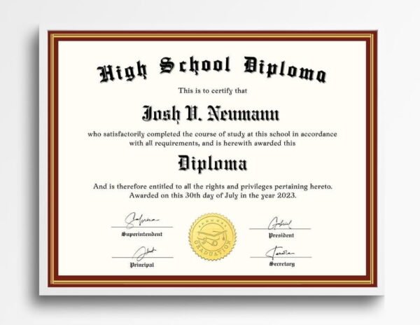 Editable High School Diploma Template Displayed in White Frame on Wall