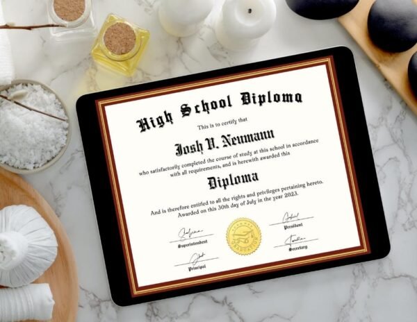 High School Diploma Template Displayed on iPad