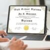 Man Editing White High School Diploma Template with Brown Text and brown framing on iPad"