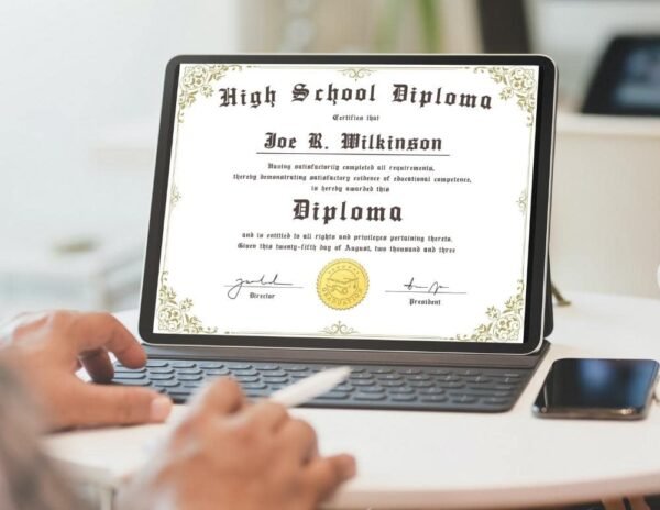 Man Editing White High School Diploma Template with Brown Text and brown framing on iPad"
