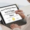 Woman Editing Homeschool Bachelor Diploma Template on iPad with Pen