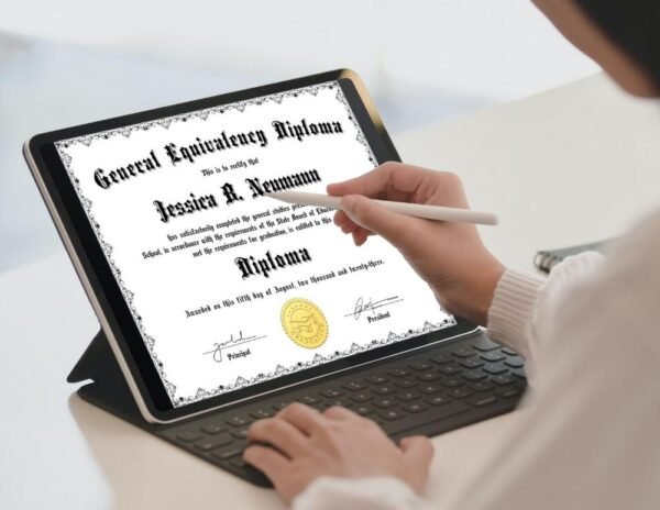 Woman Editing Homeschool Bachelor Diploma Template on iPad with Pen