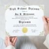 Woman Holding White High School Diploma Template with Brown Text