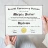 Woman holding a GED diploma template.