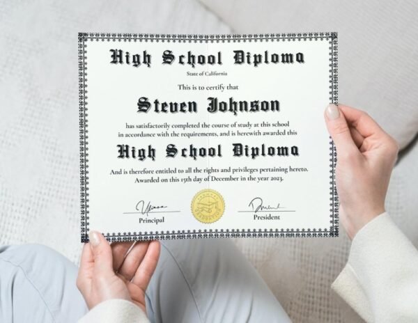 High School Achievement Certificate Sample Held by Woman