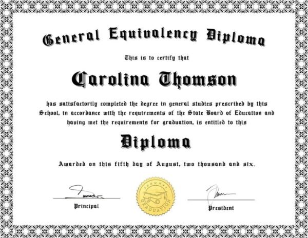 Certificate award with gold seal, black texting and black and white framing.