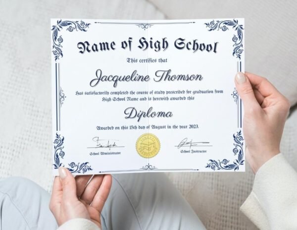 Woman proudly holding high school diploma with gold seal and blue text against a white background.