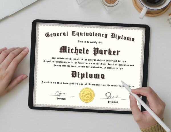 Man editing a GED diploma template on an iPad with a pen.