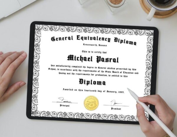 Man edits a printable diploma using a black iPad.