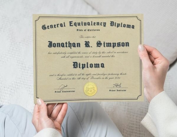 "Woman Holding a GED Diploma Template - Educational Achievement