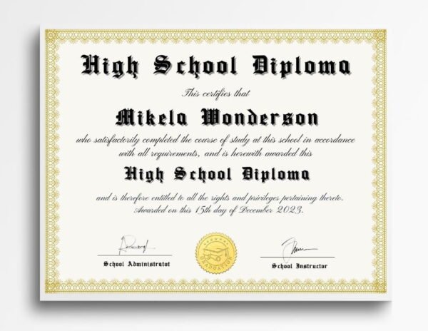 Framed high school diploma hanging on office wall