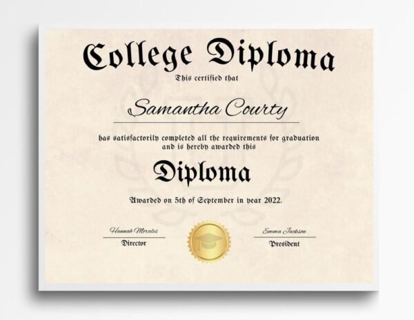 A prestigious college diploma template with a gold seal, elegantly showcased on the wall in a frame, symbolizing academic achievements.