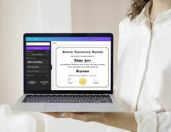 Woman Editing Equivalency Diploma Template in Canva