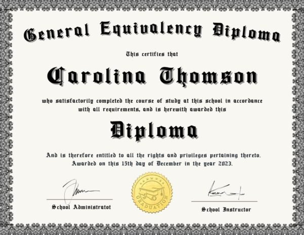 A professionally designed GED diploma template with customizable fields for recipient name, date, and signature