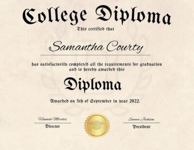 A prestigious college diploma template adorned with a gleaming gold seal, perfect for commemorating academic achievements.