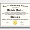 GED diploma template displayed in a white frame on the wall.