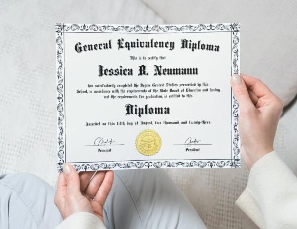 A woman holds a beautifully designed GED diploma in her living room, emphasizing the importance of a well-presented diploma in job applications.
