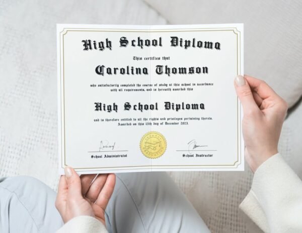 Online Schooling for Diploma Template - Woman Holding High School Diploma Template