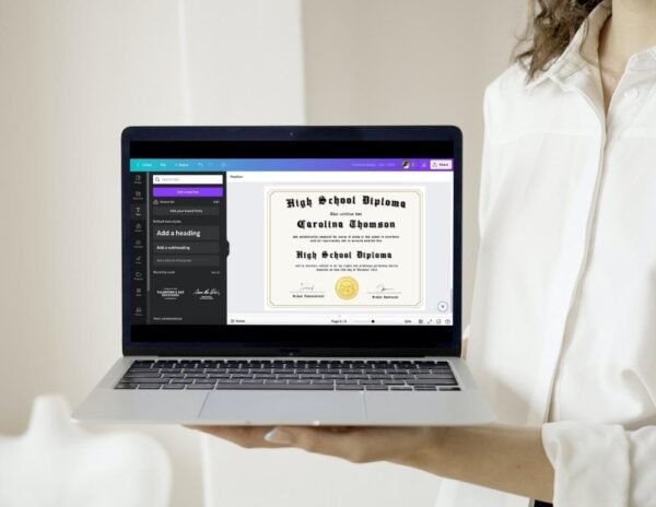 A woman standing with a notebook showing an online schooling for a diploma high school template