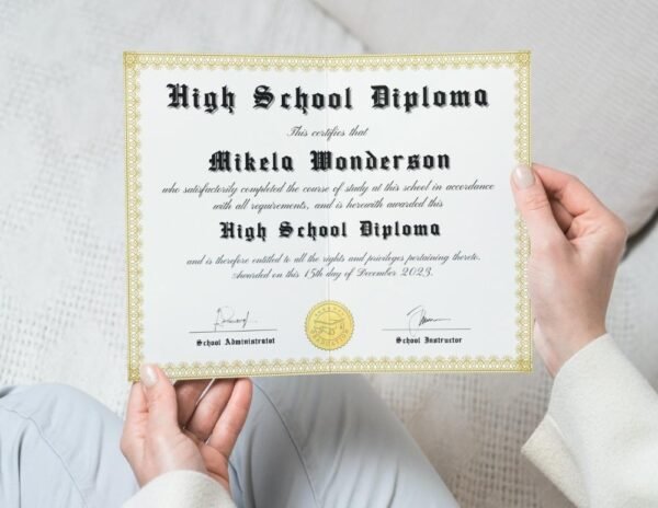 Digital High School Diploma Template Being Held by Young Woman in Room