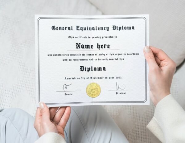 Diploma template for students and professionals is being held by a woman in her room.