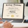 A man customizing a college diploma template with a gold seal on his iPad, enhancing his academic achievements.