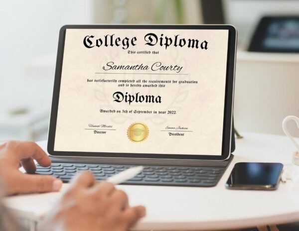 A man customizing a college diploma template with a gold seal on his iPad, enhancing his academic achievements.