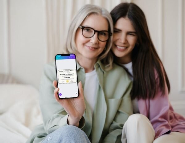A joyful granddaughter showcasing a GED graduation certificate on the Canva platform to her grandma, celebrating academic achievement.