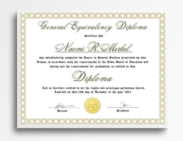 An editable GED diploma template displayed on a white office wall.