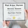 A GED diploma template in PDF format with a gold seal held by a woman.