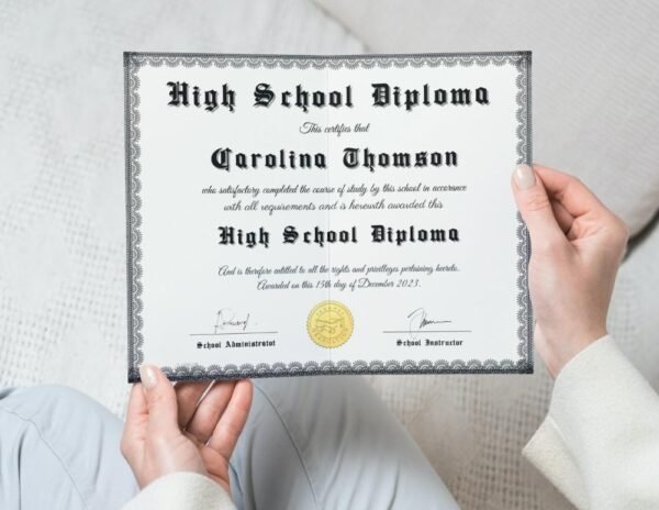 A GED diploma template in PDF format with a gold seal held by a woman.