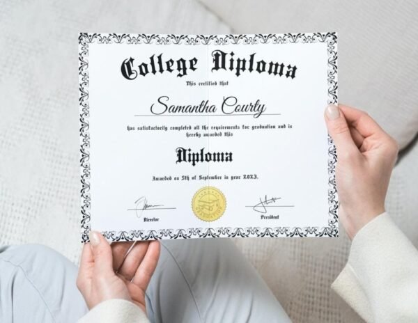 A proud woman displaying her GED graduation certificate in a cozy living room.