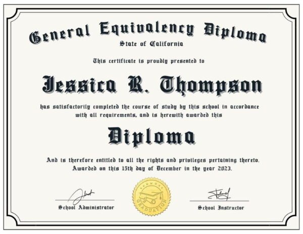 An elegant GED graduation certificate template with a prestigious gold seal, symbolizing academic achievement.