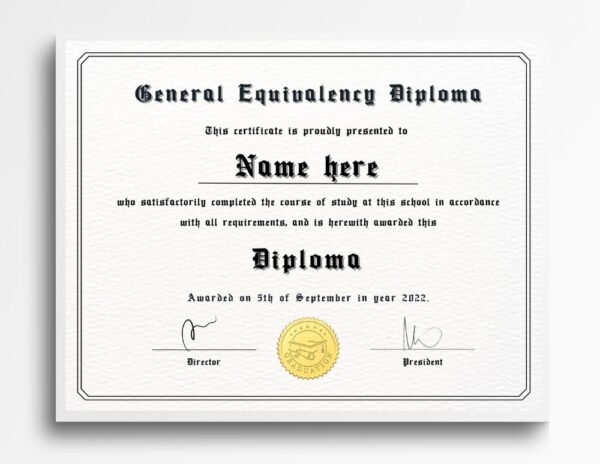 Modern design GED diploma template being hung on office wall