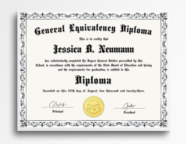 A beautifully framed GED diploma proudly displayed in an office, making a statement about your qualifications.