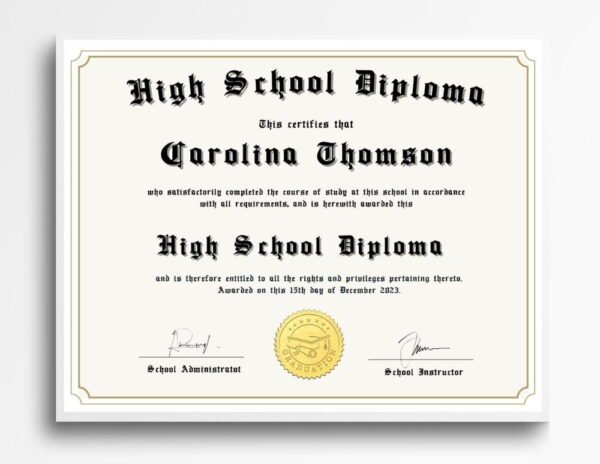 Online Schooling for Diploma - High School Diploma Template Being Printed and Hung on Wall in White Frame