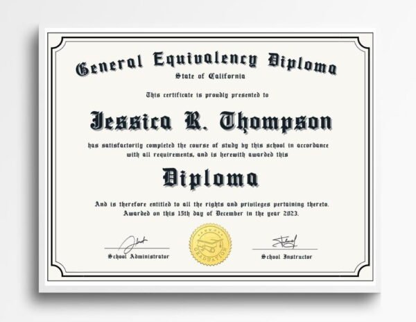 A GED graduation certificate with a distinguished gold seal is proudly showcased on the office wall, symbolizing academic achievement.