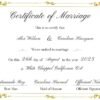 An elegant marriage certificate with gold framing.