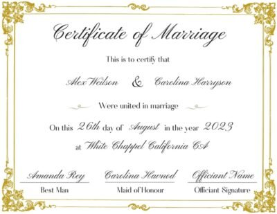 An elegant marriage certificate with gold framing.