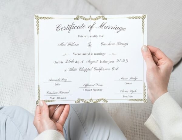 A woman carefully inspecting a marriage certificate for authenticity.