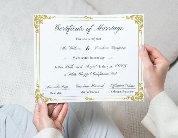 A marriage certificate held by a woman, beautifully designed and ready for use.