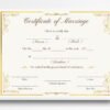 Elegant wedding ceremony certificate template framed in white, adorning a bedroom wall.