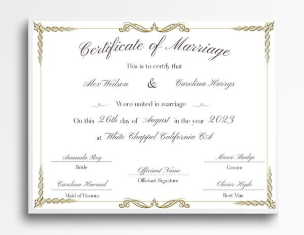 A carefully examined marriage certificate on display in a cozy living room.