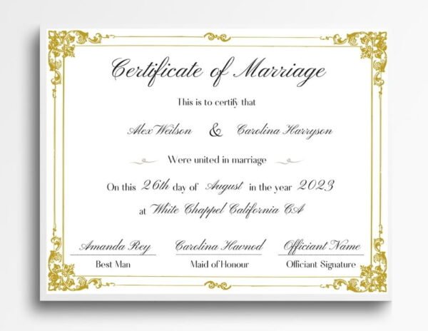 A beautifully framed marriage certificate displayed in a living room.