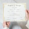 Elegant wedding ceremony certificate template being proudly displayed in a warm living room.