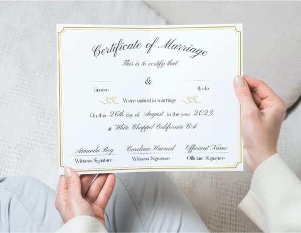 Bride proudly displays a marriage licence template in her home."