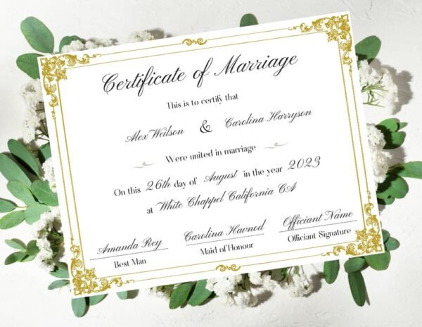A marriage certificate beautifully displayed on lush green leaves against a white background.