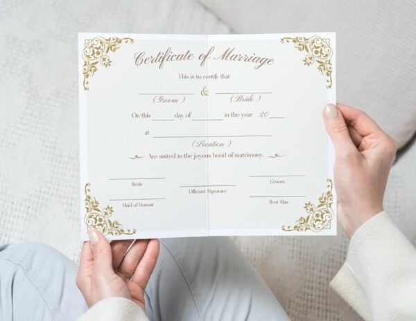 A woman holding a public marriage certificate, available to view online.