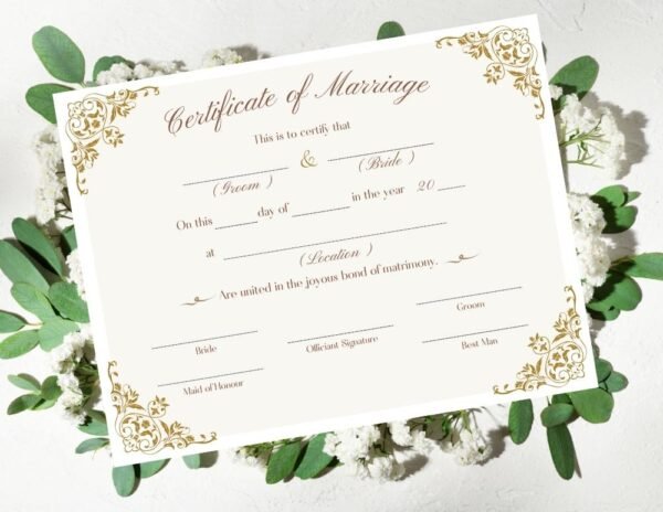 A marriage certificate displayed on a bed of vibrant green leaves against a crisp white background, available to view online.