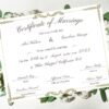 A marriage certificate inspection amidst lush green leaves against a serene white background.